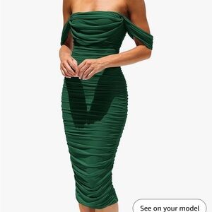 Emerald Green cocktail dress, Off The Shoulder Ruched Bodycon